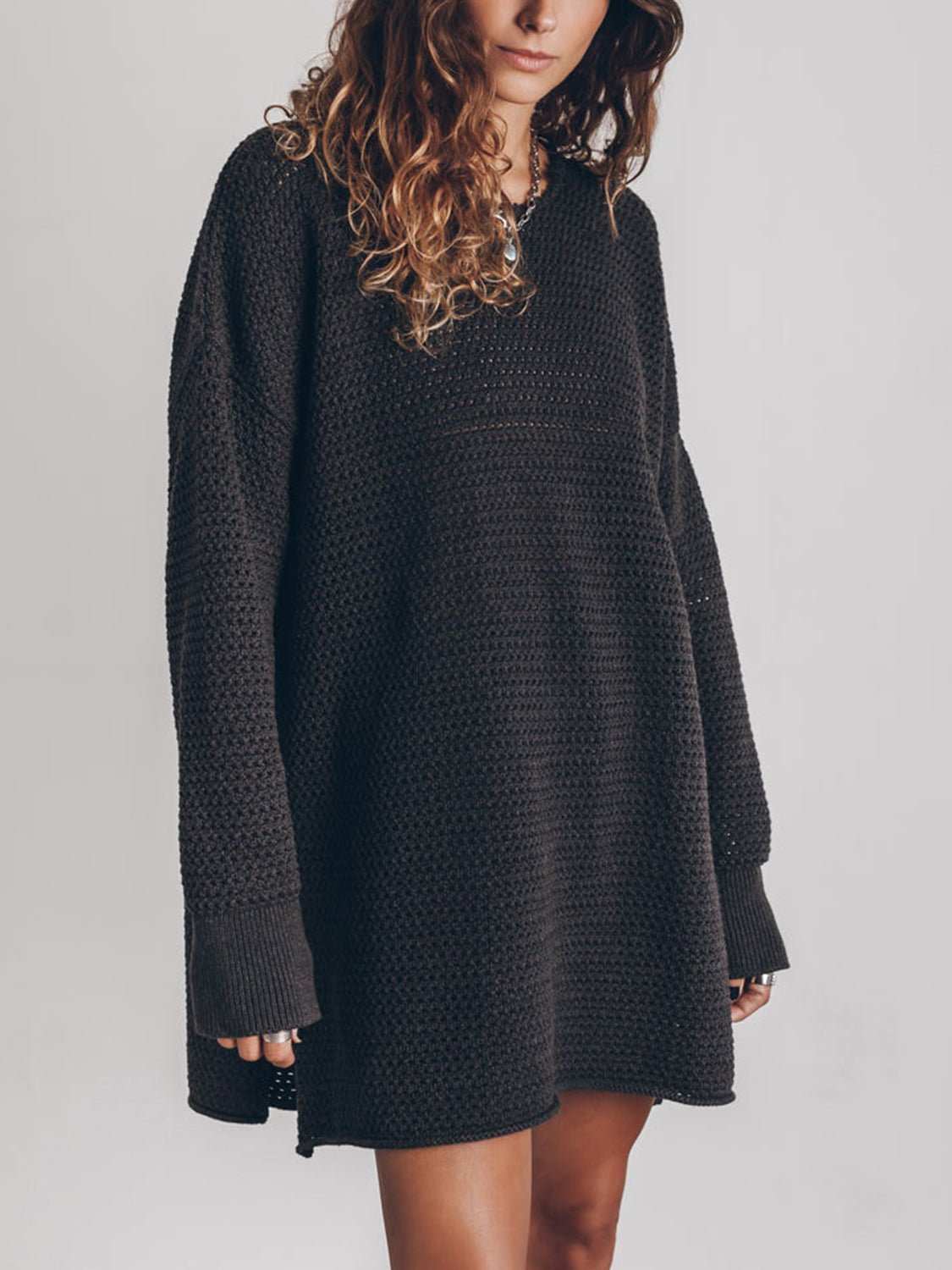 Openwork Round Neck Long Sleeve Slit Sweater - Primrose Signature Boutique