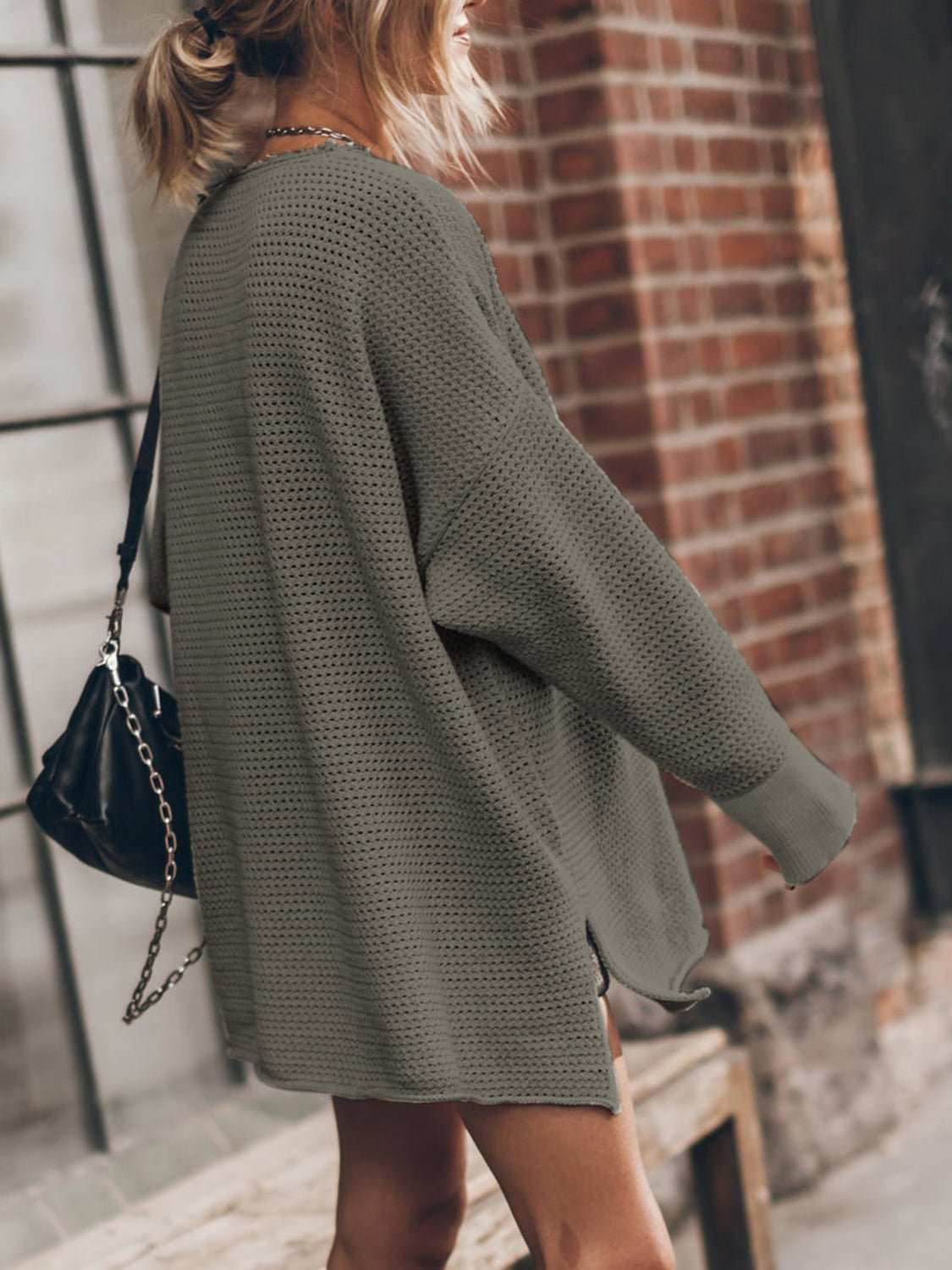 Openwork Round Neck Long Sleeve Slit Sweater - Primrose Signature Boutique