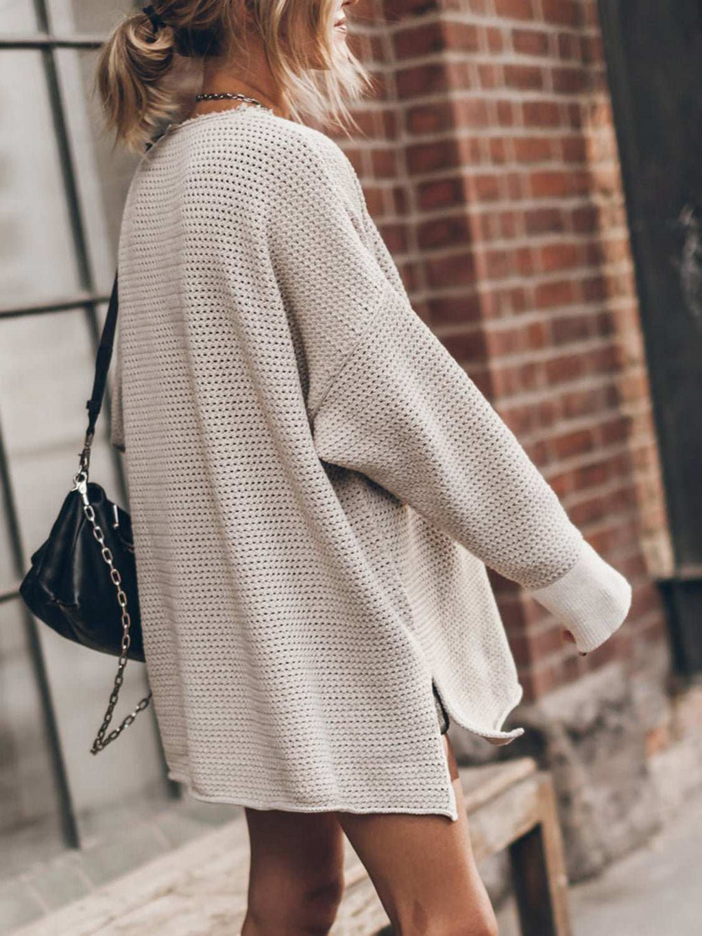 Openwork Round Neck Long Sleeve Slit Sweater - Primrose Signature Boutique