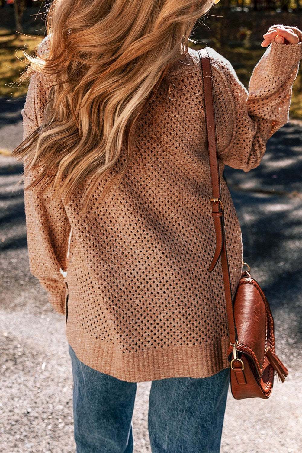 Openwork V - Neck Dropped Shoulder Sweater - Primrose Signature Boutique