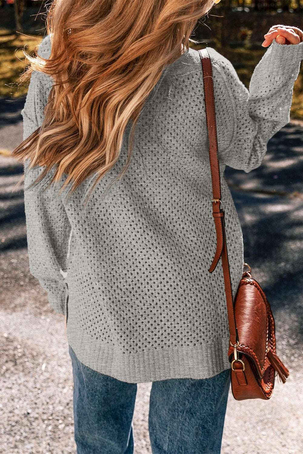 Openwork V - Neck Dropped Shoulder Sweater - Primrose Signature Boutique