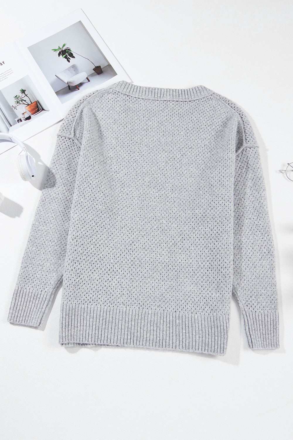 Openwork V - Neck Dropped Shoulder Sweater - Primrose Signature Boutique