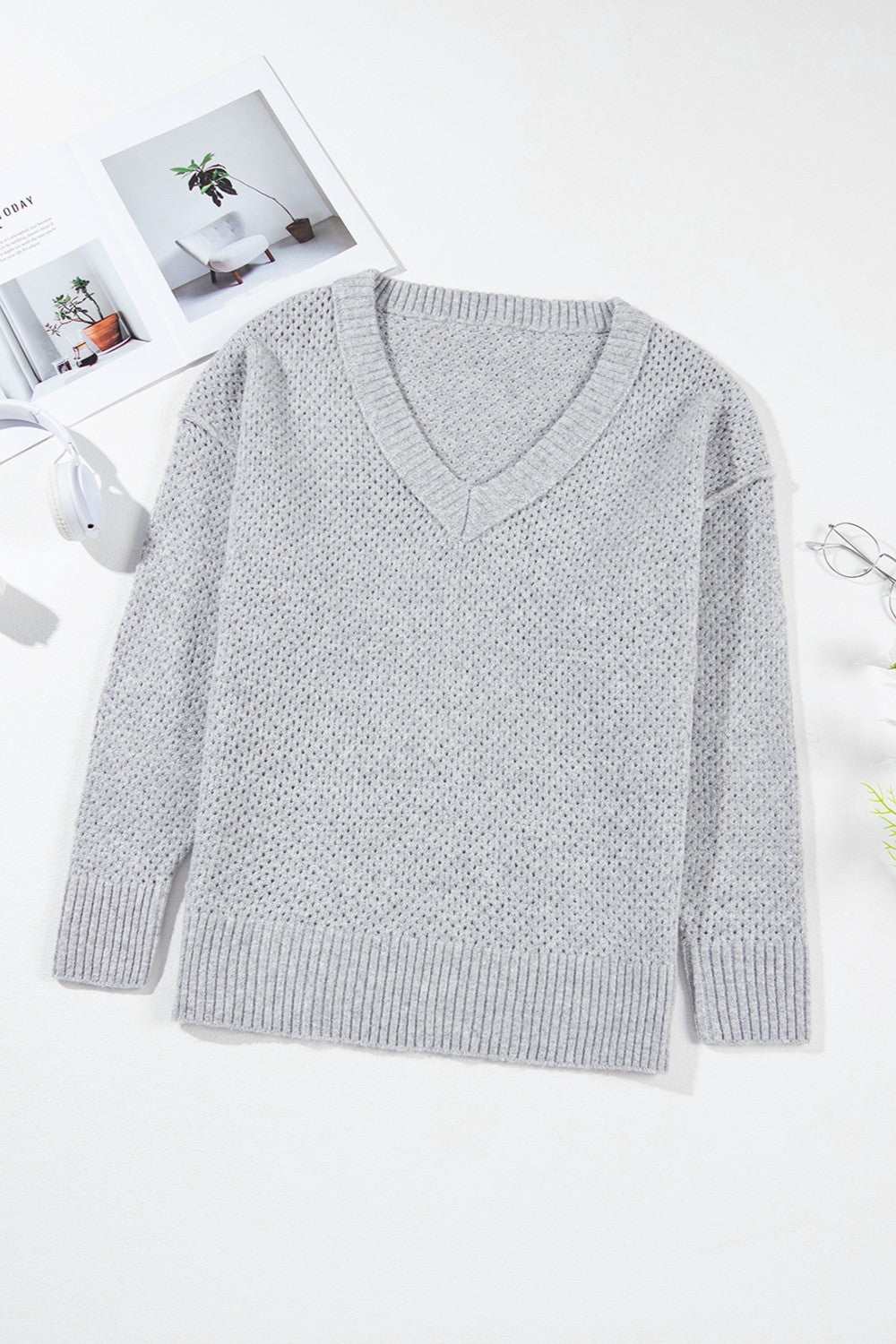 Openwork V - Neck Dropped Shoulder Sweater - Primrose Signature Boutique