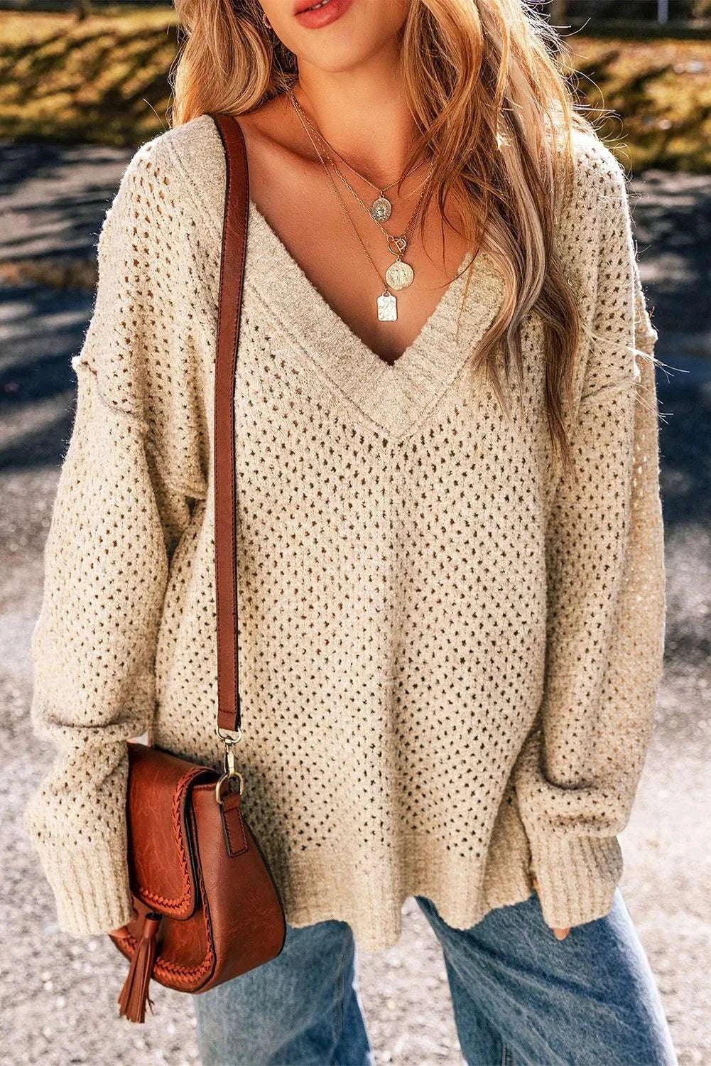 Openwork V - Neck Dropped Shoulder Sweater - Primrose Signature Boutique