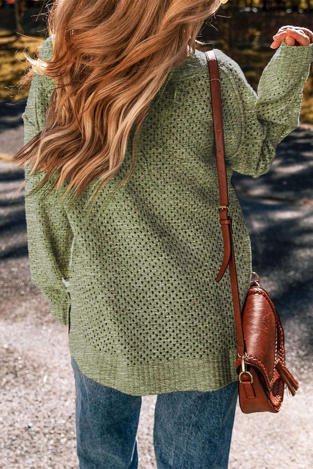Openwork V - Neck Dropped Shoulder Sweater - Primrose Signature Boutique