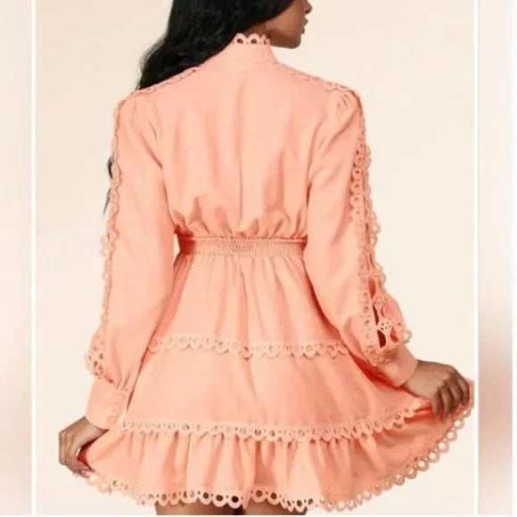 Peach Eyelet Smocked Waist Long Sleeve Mini Dress - Primrose Signature Boutique