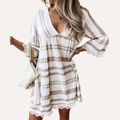 Perfect Boho - Style Printed V - Neck Crochet Lace Mini Dress - Primrose Signature Boutique