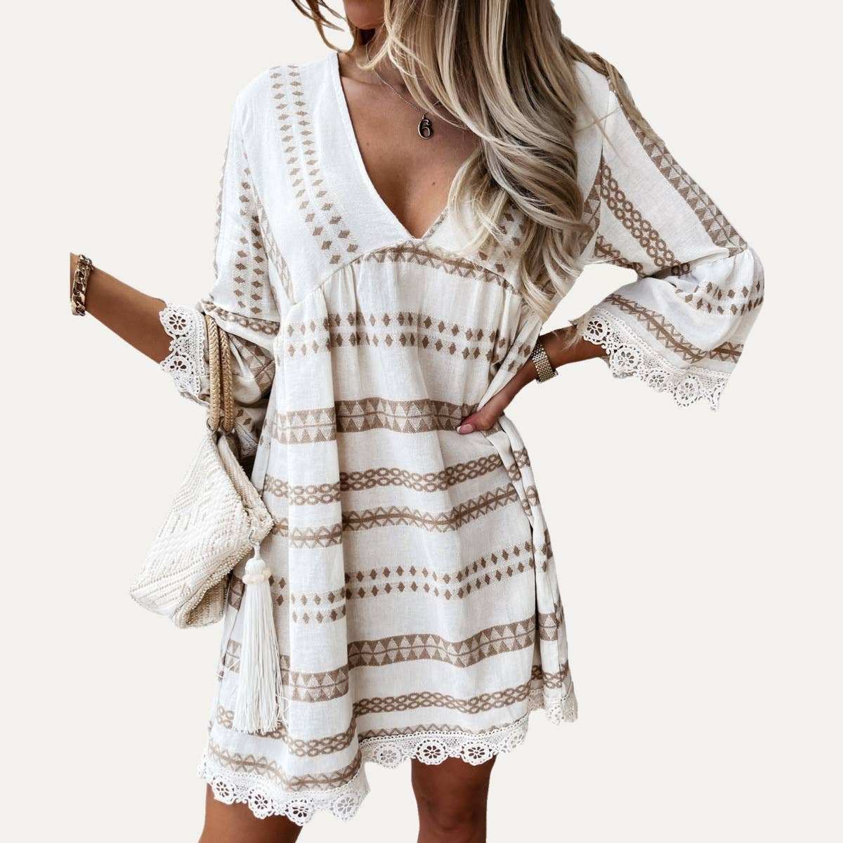Perfect Boho-Style Printed V-Neck Crochet Lace Mini Dress-zoom-2