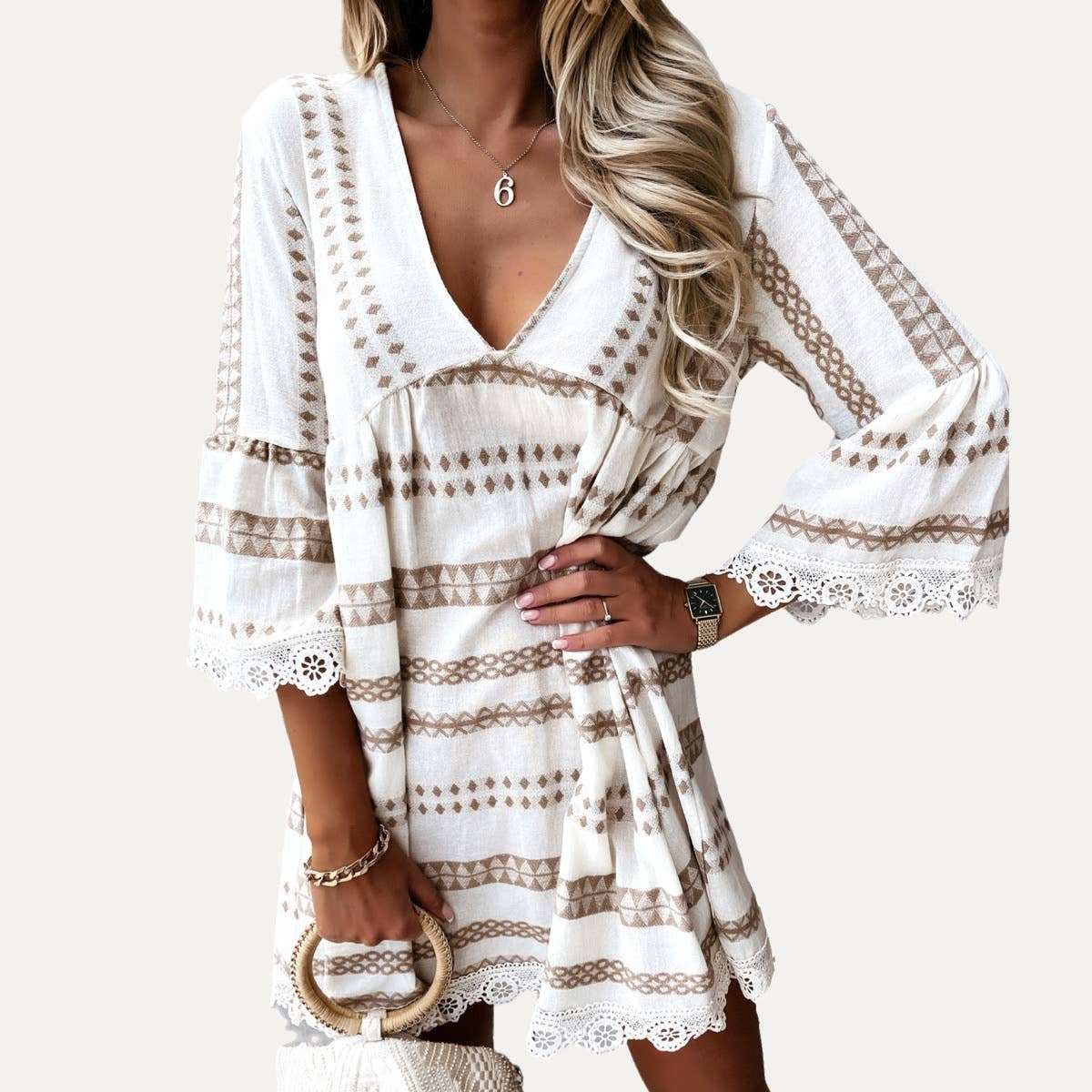 Perfect Boho-Style Printed V-Neck Crochet Lace Mini Dress-zoom-1