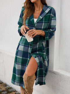 Plaid Long Sleeve Hooded Coat - Primrose Signature Boutique