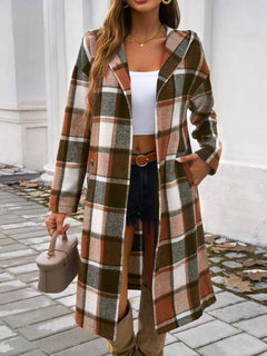 Plaid Long Sleeve Hooded Coat - Primrose Signature Boutique