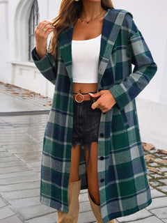 Plaid Long Sleeve Hooded Coat - Primrose Signature Boutique