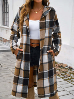 Plaid Long Sleeve Hooded Coat - Primrose Signature Boutique