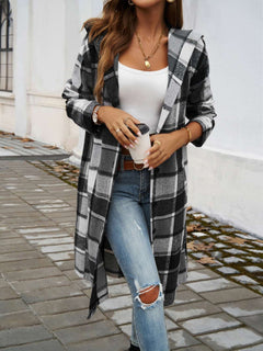 Plaid Long Sleeve Hooded Coat - Primrose Signature Boutique