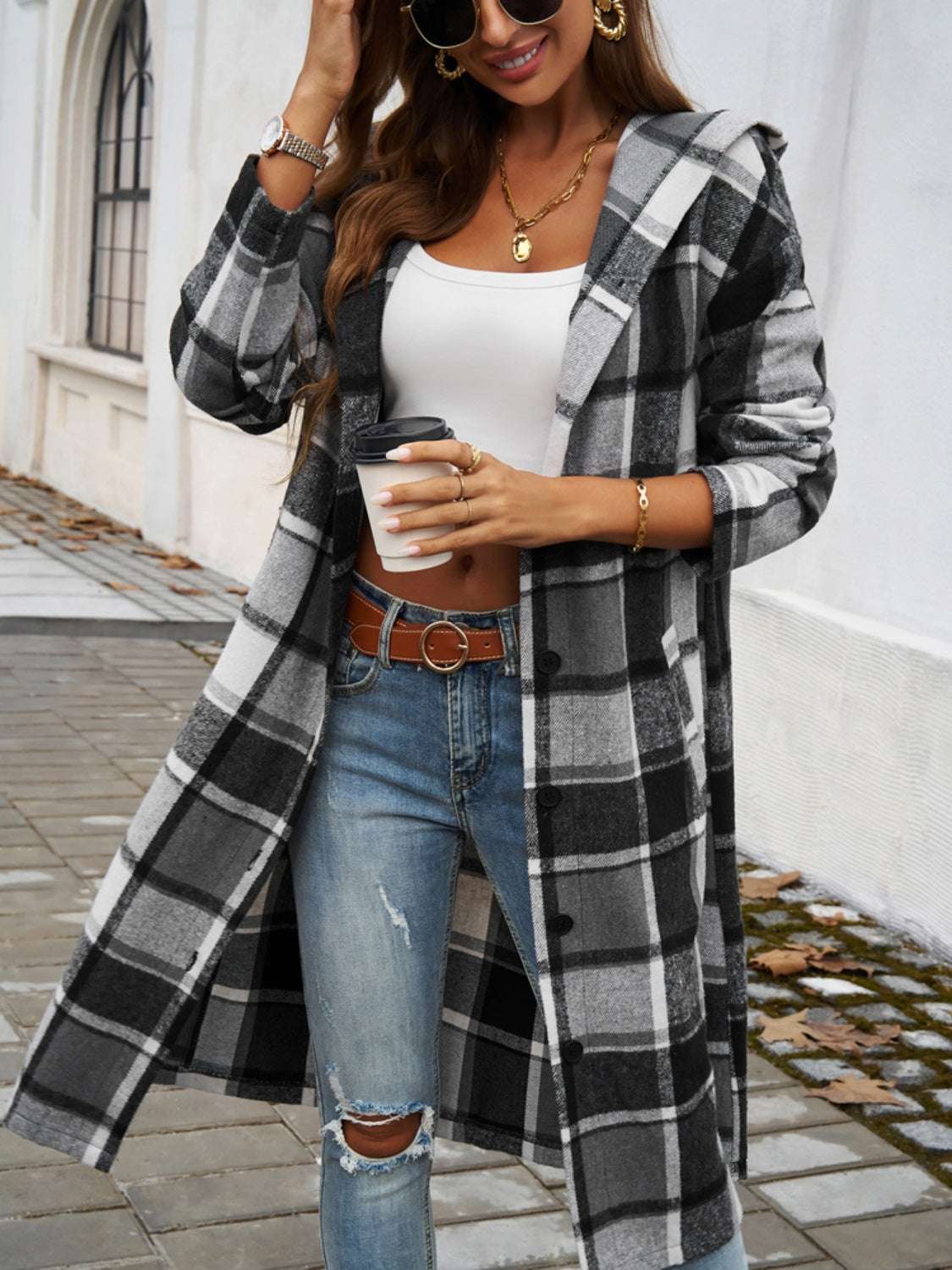Plaid Long Sleeve Hooded Coat - Primrose Signature Boutique