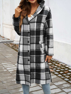 Plaid Long Sleeve Hooded Coat - Primrose Signature Boutique
