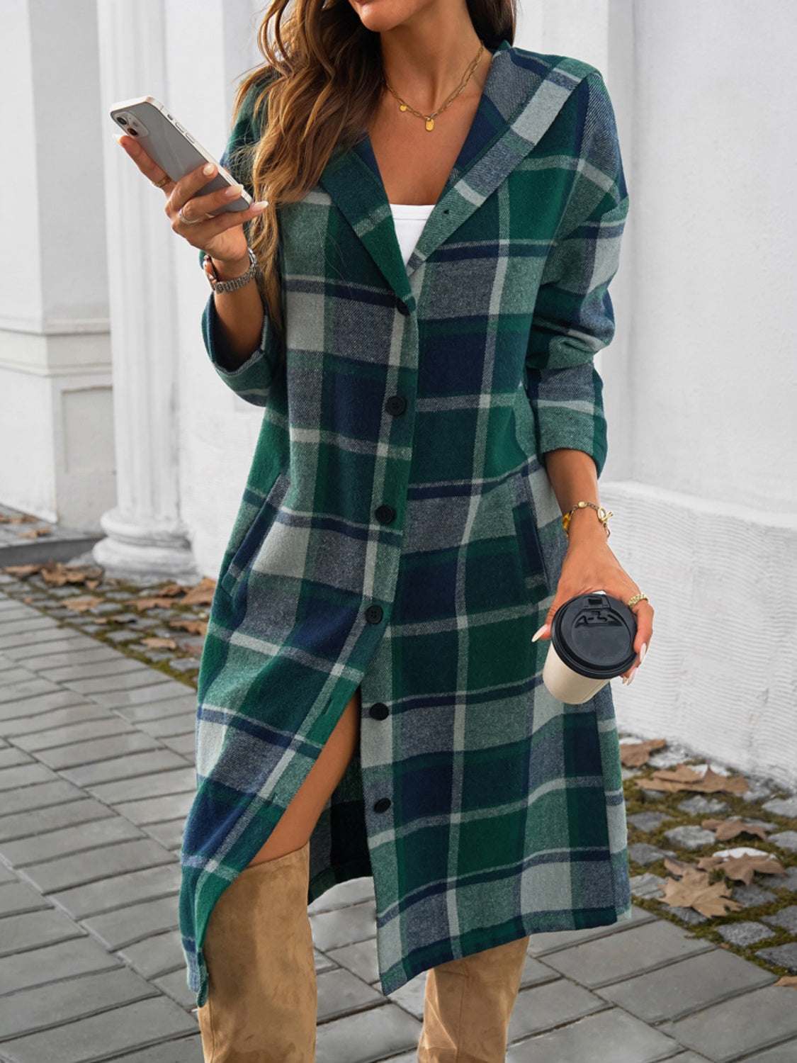 Plaid Long Sleeve Hooded Coat - Primrose Signature Boutique