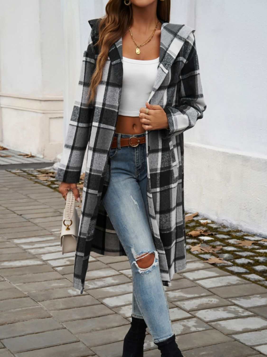 Plaid Long Sleeve Hooded Coat - Primrose Signature Boutique