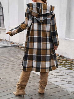 Plaid Long Sleeve Hooded Coat - Primrose Signature Boutique