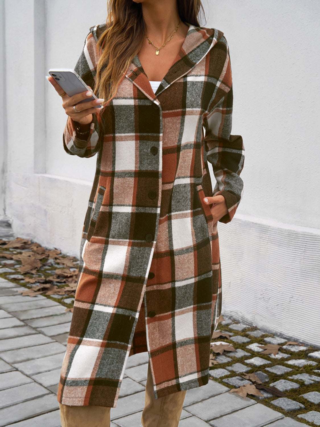 Plaid Long Sleeve Hooded Coat - Primrose Signature Boutique