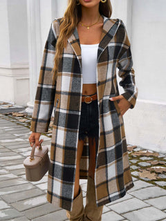 Plaid Long Sleeve Hooded Coat - Primrose Signature Boutique