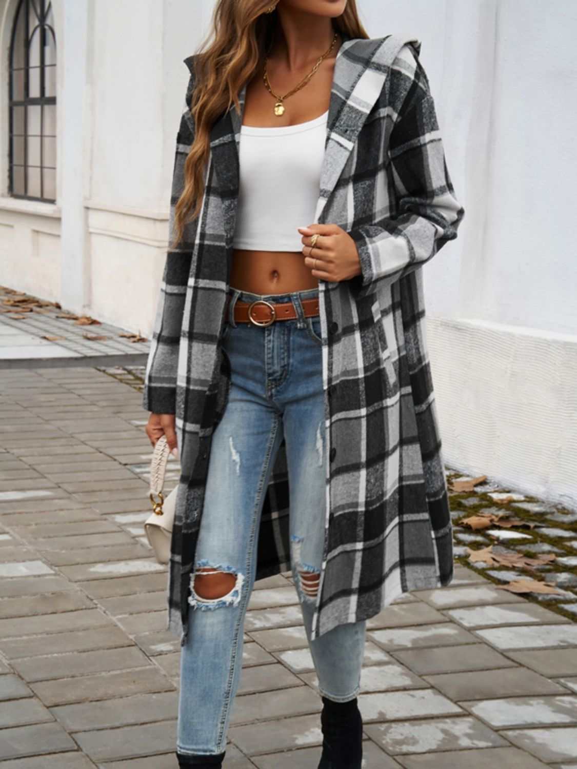 Plaid Long Sleeve Hooded Coat - Primrose Signature Boutique