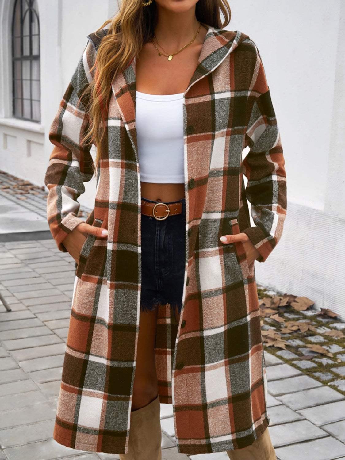 Plaid Long Sleeve Hooded Coat - Primrose Signature Boutique