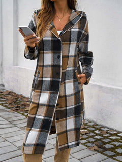 Plaid Long Sleeve Hooded Coat - Primrose Signature Boutique