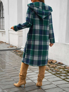 Plaid Long Sleeve Hooded Coat - Primrose Signature Boutique