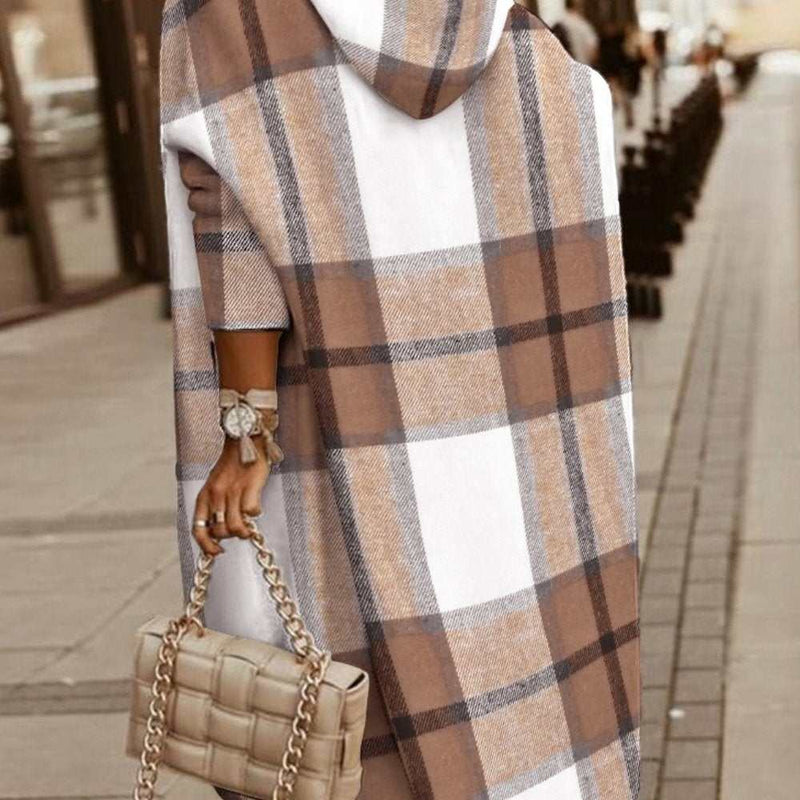 Plaid Print Longline Hooded Coat-zoom-