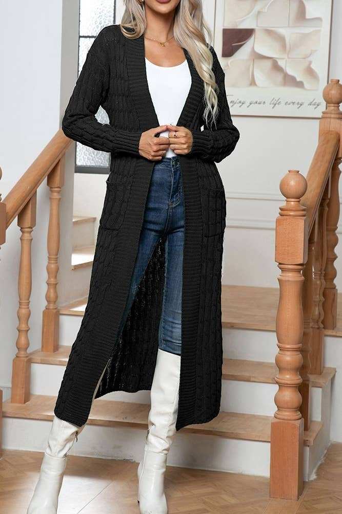 Schlichter offener Cardigan mit Zopfmuster und Taschen-zoom-