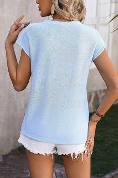 Plain Exposed Seam Knit Round Neck Short Sleeves Top - Primrose Signature Boutique