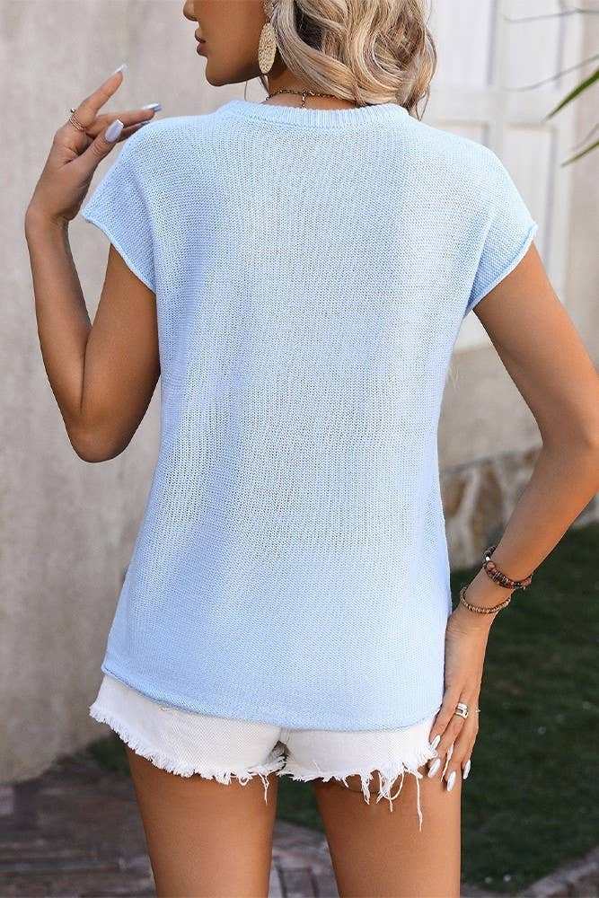 Plain Exposed Seam Knit Round Neck Short Sleeves Top - Primrose Signature Boutique
