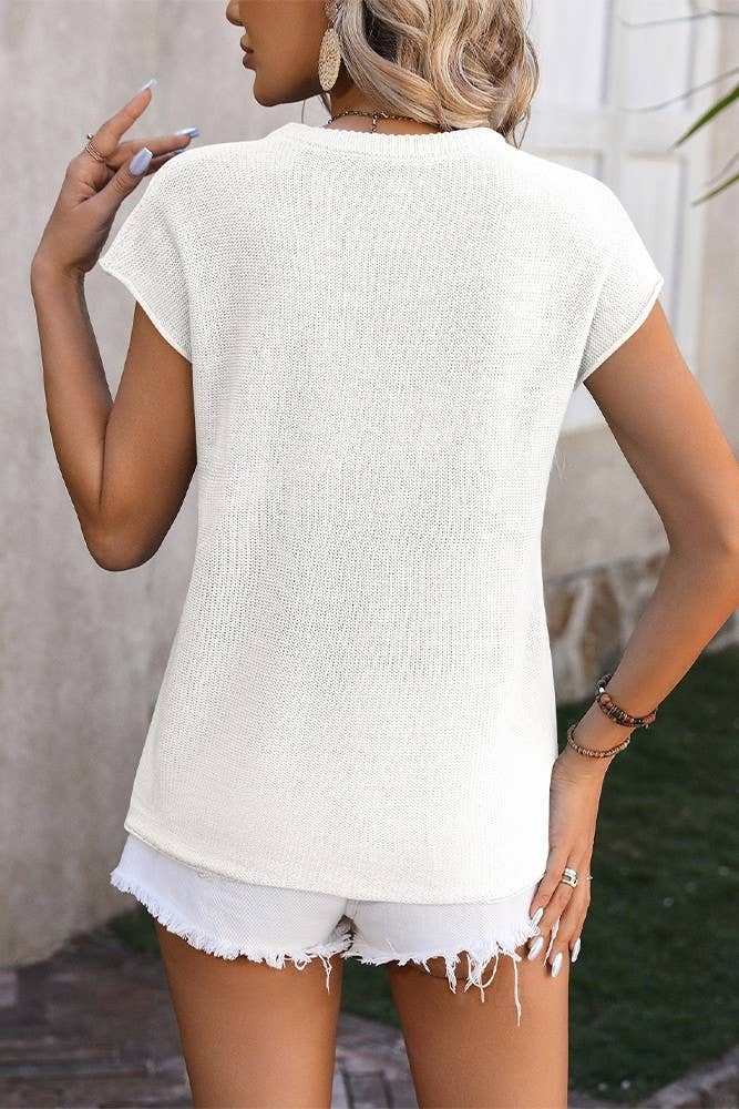 Plain Exposed Seam Knit Round Neck Short Sleeves Top-zoom-
