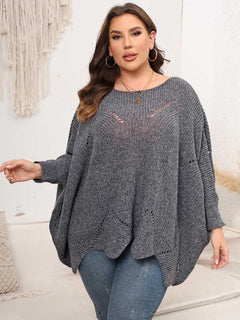 Plus Size Round Neck Batwing Sleeve Sweater - Primrose Signature Boutique