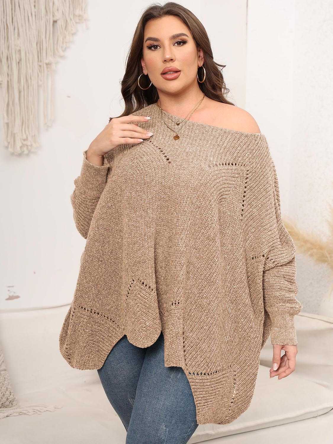 Plus Size Round Neck Batwing Sleeve Sweater - Primrose Signature Boutique