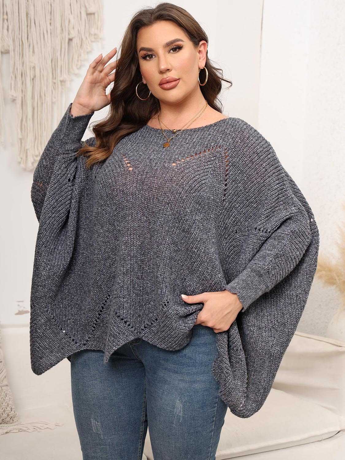 Plus Size Round Neck Batwing Sleeve Sweater - Primrose Signature Boutique