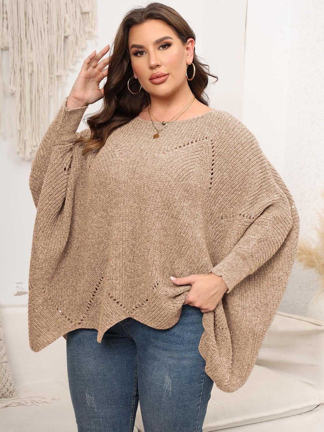 Plus Size Round Neck Batwing Sleeve Sweater - Primrose Signature Boutique