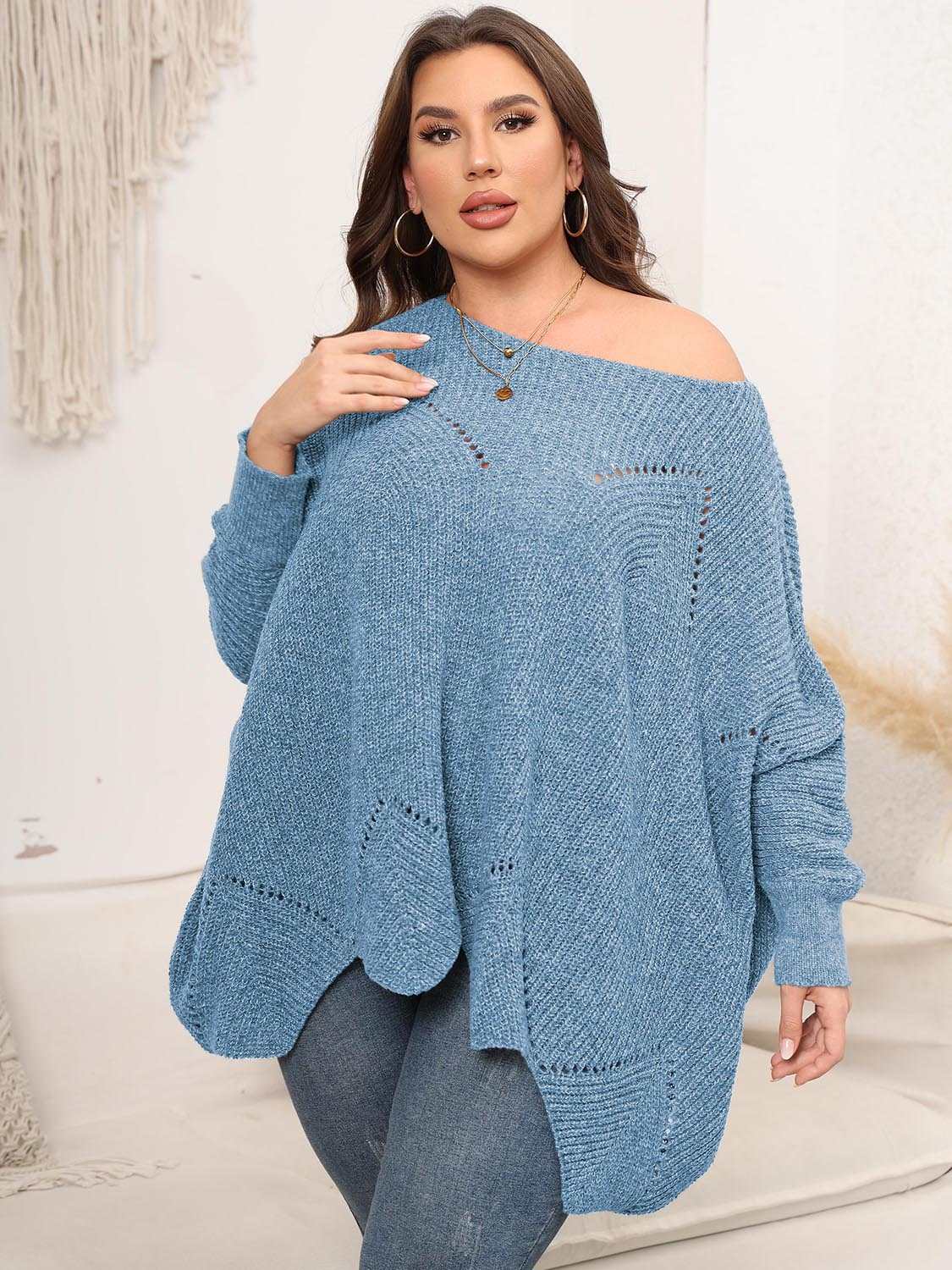 Plus Size Round Neck Batwing Sleeve Sweater - Primrose Signature Boutique