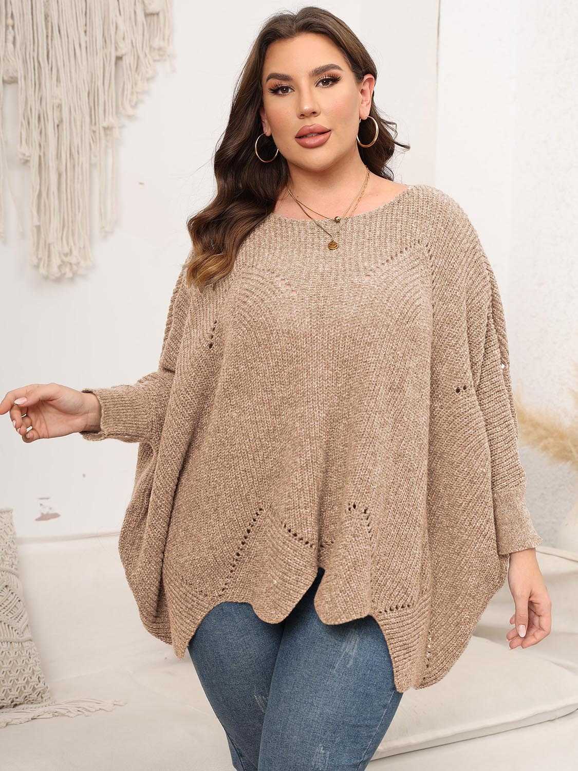 Plus Size Round Neck Batwing Sleeve Sweater - Primrose Signature Boutique