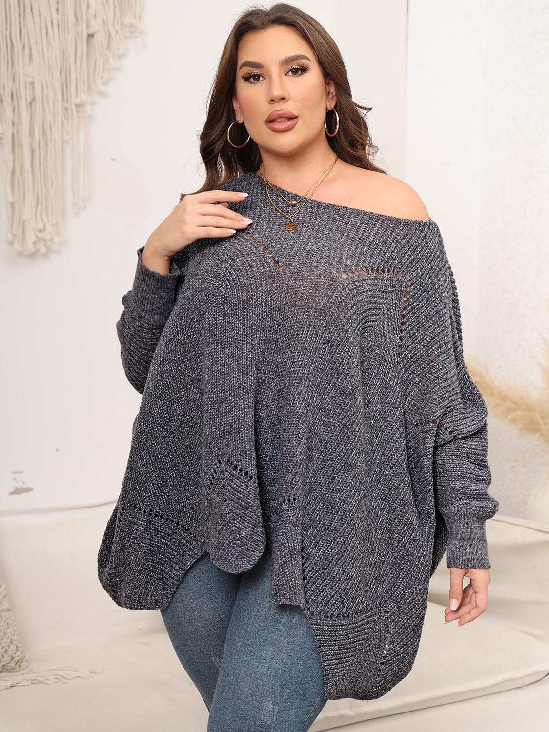 Plus Size Round Neck Batwing Sleeve Sweater - Primrose Signature Boutique