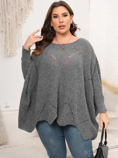 Plus Size Round Neck Batwing Sleeve Sweater - Primrose Signature Boutique