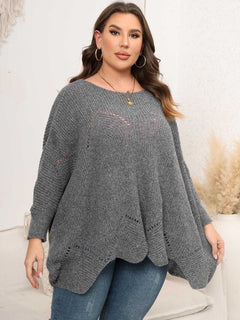 Plus Size Round Neck Batwing Sleeve Sweater - Primrose Signature Boutique