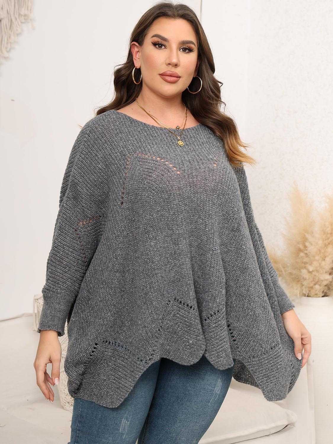 Plus Size Round Neck Batwing Sleeve Sweater - Primrose Signature Boutique