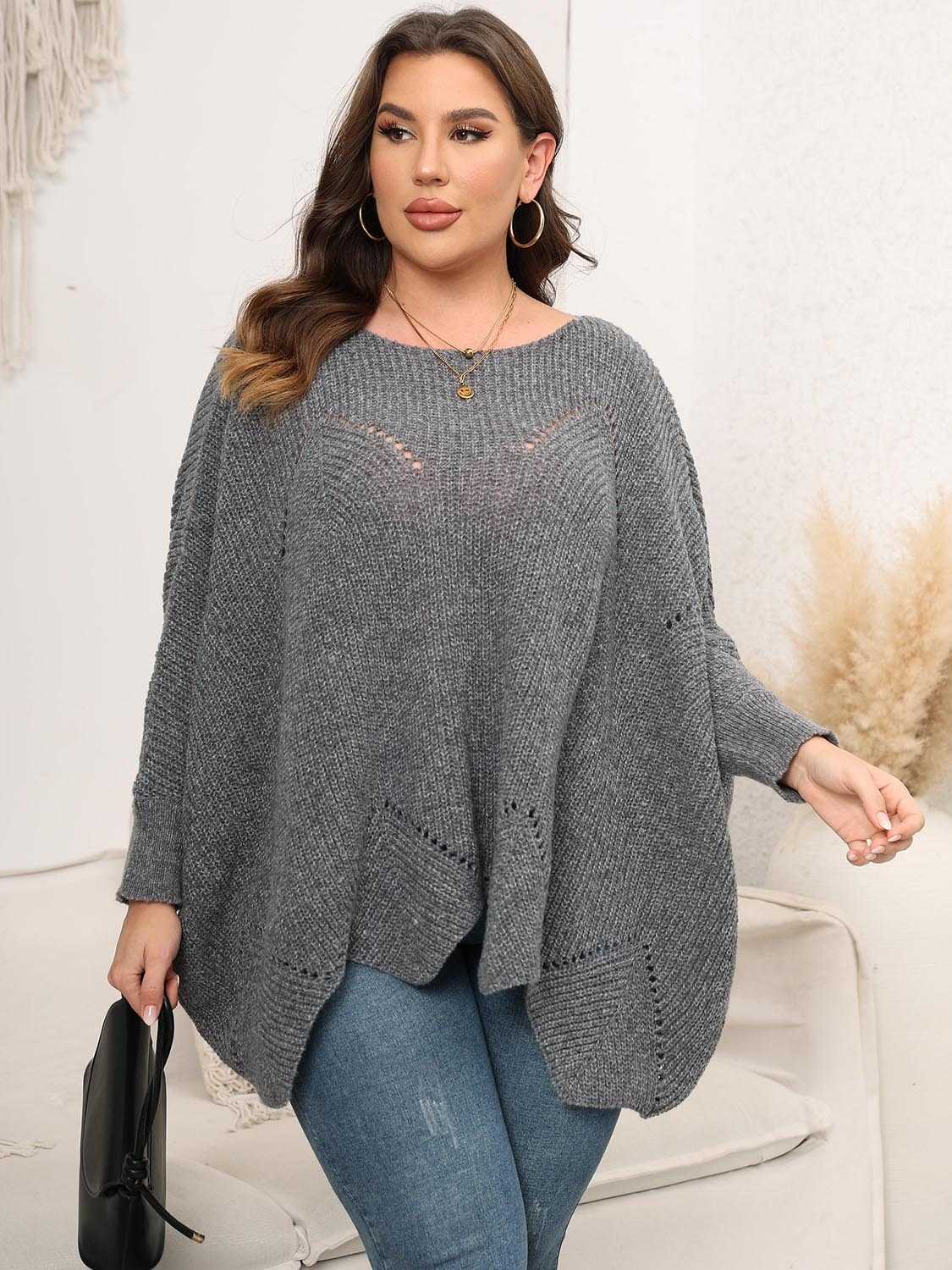 Plus Size Round Neck Batwing Sleeve Sweater - Primrose Signature Boutique
