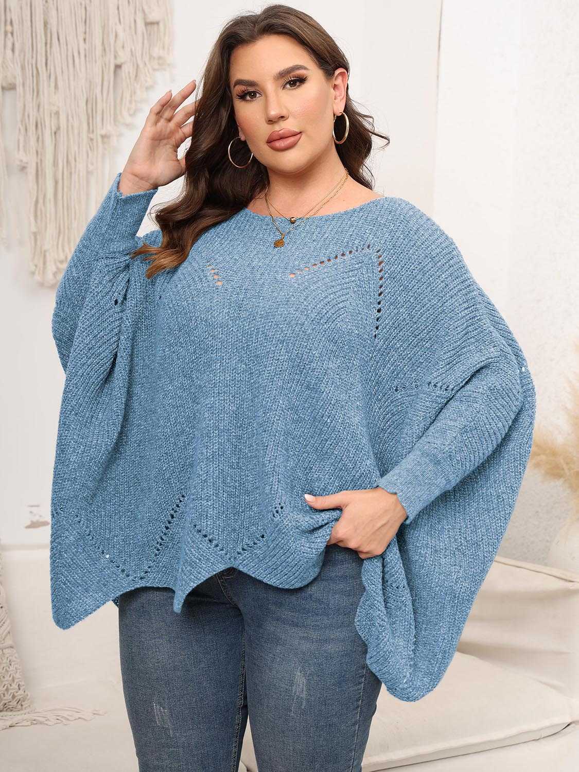 Plus Size Round Neck Batwing Sleeve Sweater - Primrose Signature Boutique