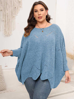 Plus Size Round Neck Batwing Sleeve Sweater - Primrose Signature Boutique
