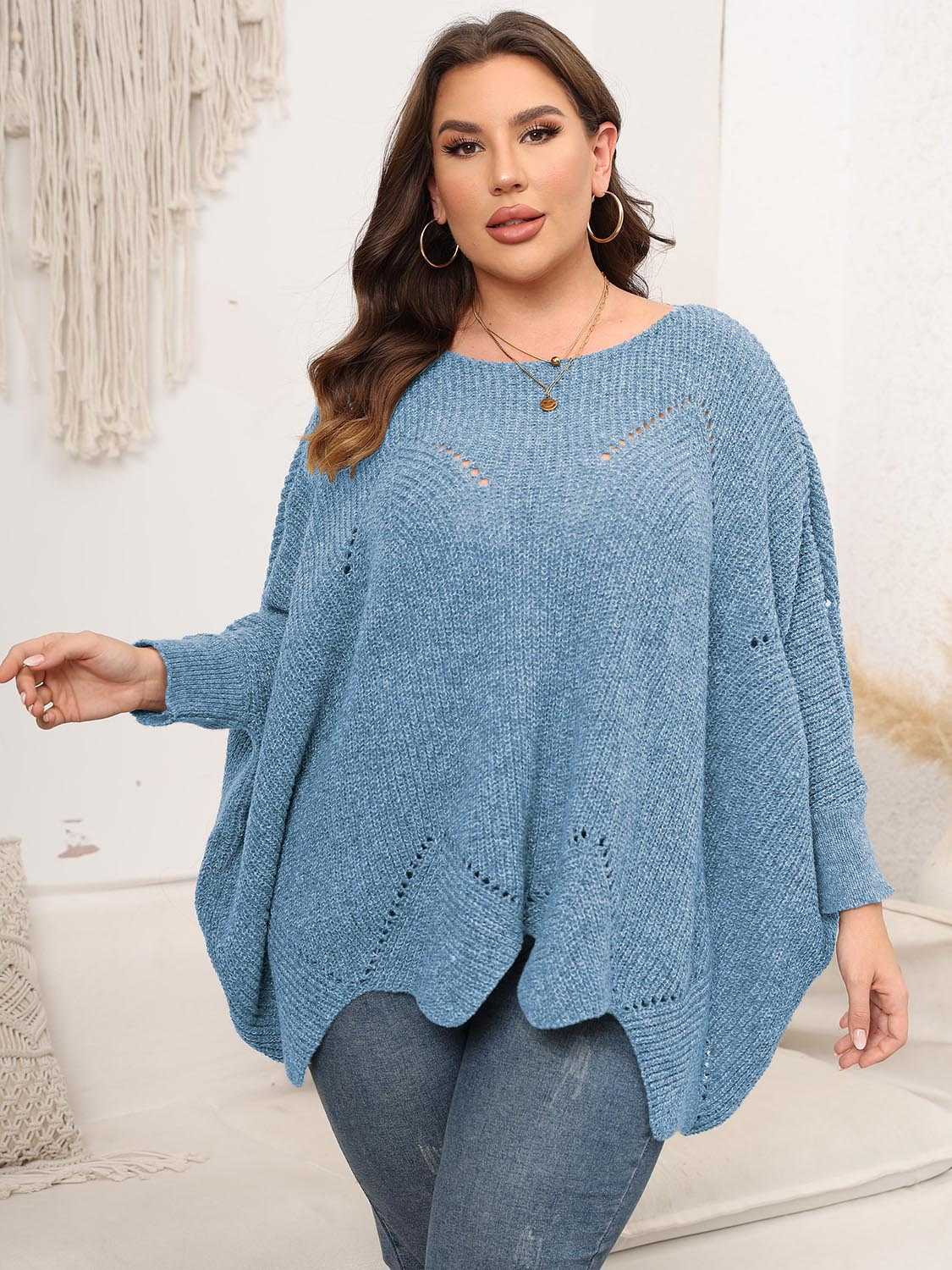 Plus Size Round Neck Batwing Sleeve Sweater - Primrose Signature Boutique