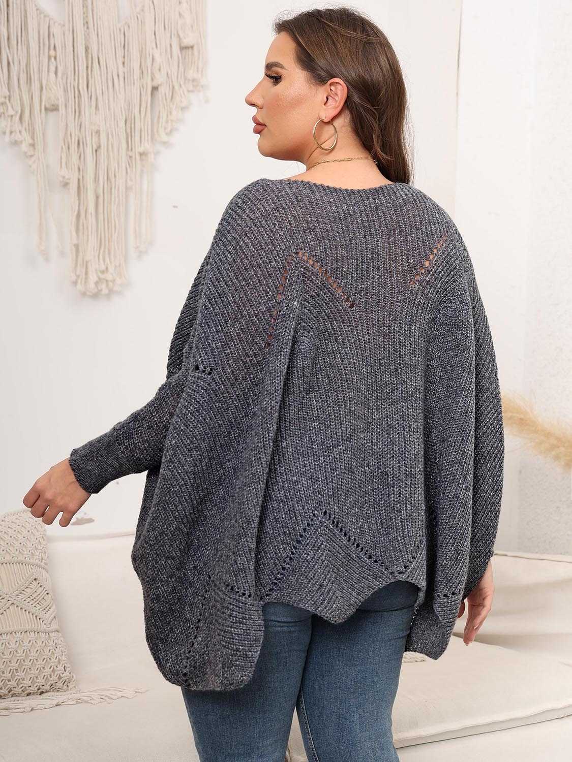 Plus Size Round Neck Batwing Sleeve Sweater - Primrose Signature Boutique