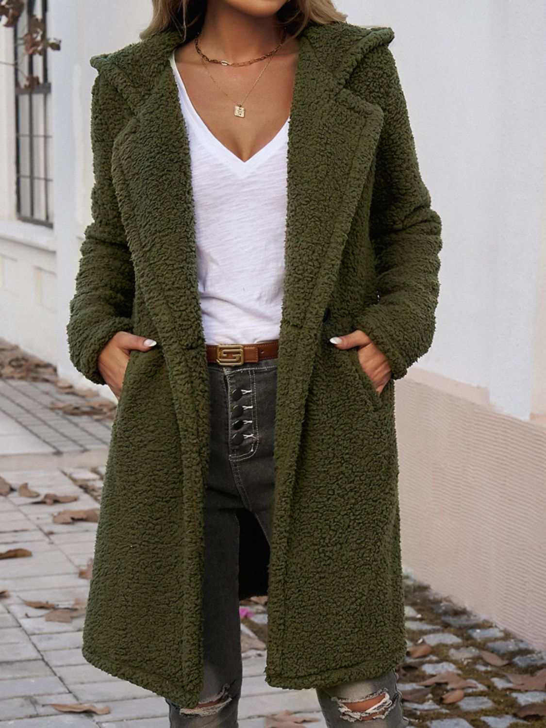Pocketed Long Sleeve Hooded Teddy Coat - Primrose Signature Boutique